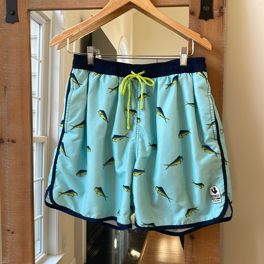 Rowdy Gentleman Mahi Mahi Print Swim Trunks Size L